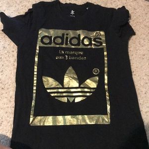 Adidas black t shirt with gold writing